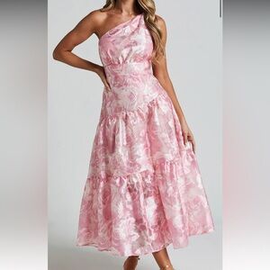 Showpo LETTIE MIDI DRESS - ONE SHOULDER TIERED DRESS IN BLURRED ROSE